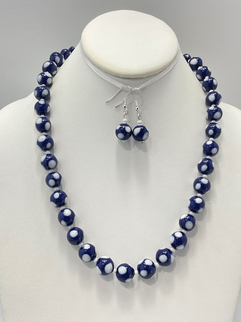 Vintage Polka Dot Lamp Work Bead Necklace Set, Navy Blue & White, MCM, Nautical